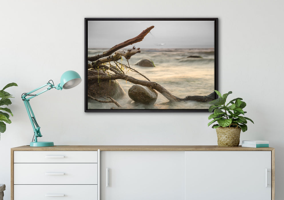 Ruhige See im Nebel auf Leinwandbild gerahmt verschiedene Größen im Wohnzimmer