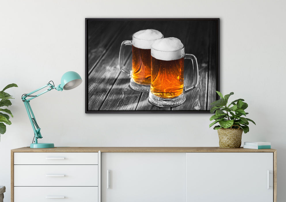 Zwei Maßkrüge Bier auf Leinwandbild gerahmt verschiedene Größen im Wohnzimmer