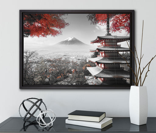 Japanischer Tempel im Herbst auf Leinwandbild gerahmt mit Kirschblüten