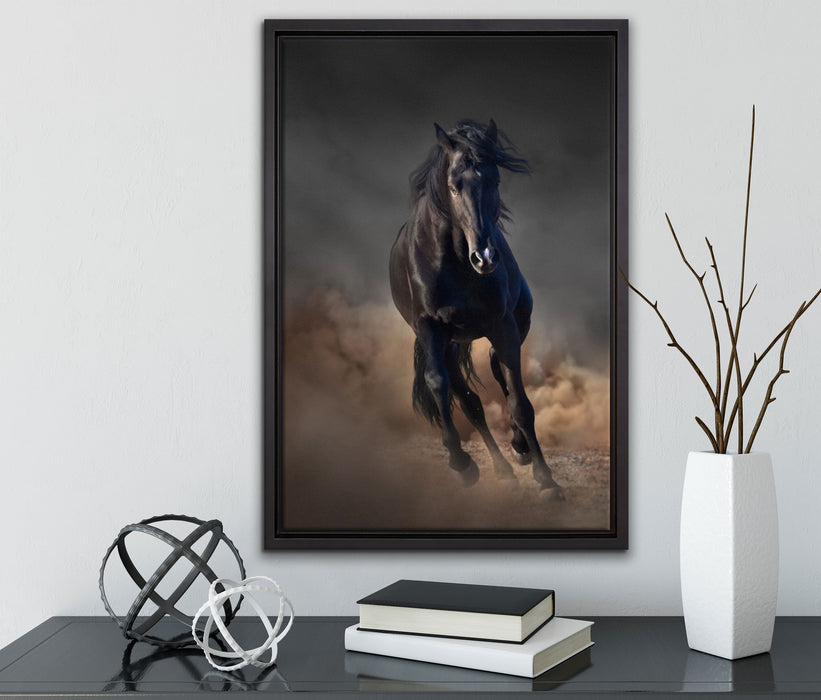 Elegantes schwarzes Pferd auf Leinwandbild gerahmt mit Kirschblüten