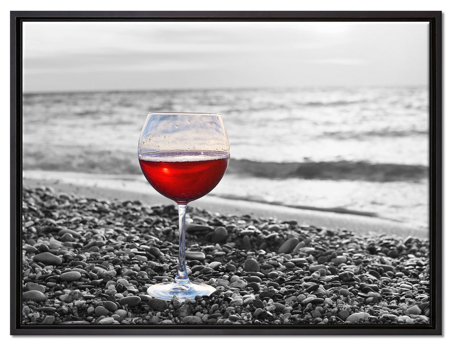 Weinglas am Strand auf Leinwandbild gerahmt Größe 80x60