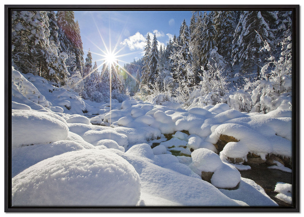 Sonnenstrahlen im Wald auf Leinwandbild gerahmt Größe 100x70