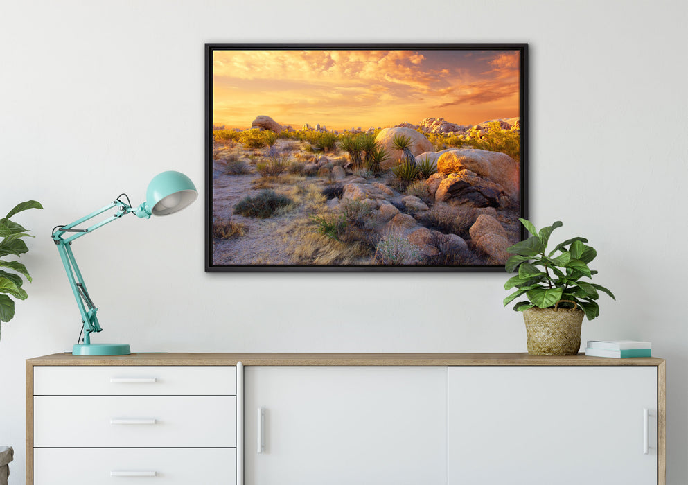 Joshua Wüste im Sonnenuntergang auf Leinwandbild gerahmt verschiedene Größen im Wohnzimmer
