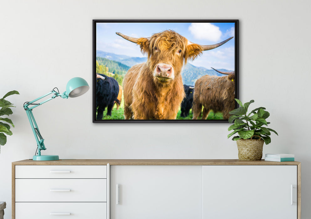 Blick einer Kuh an der Weide auf Leinwandbild gerahmt verschiedene Größen im Wohnzimmer