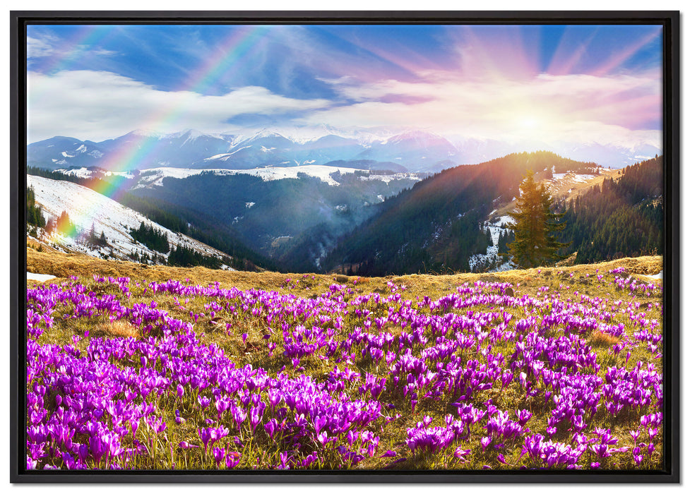 Berge mit Regenbogen auf Leinwandbild gerahmt Größe 100x70