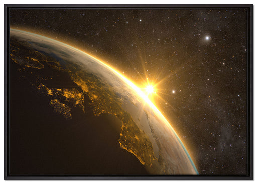 Die Sonne und Erde im Weltall auf Leinwandbild gerahmt Größe 100x70
