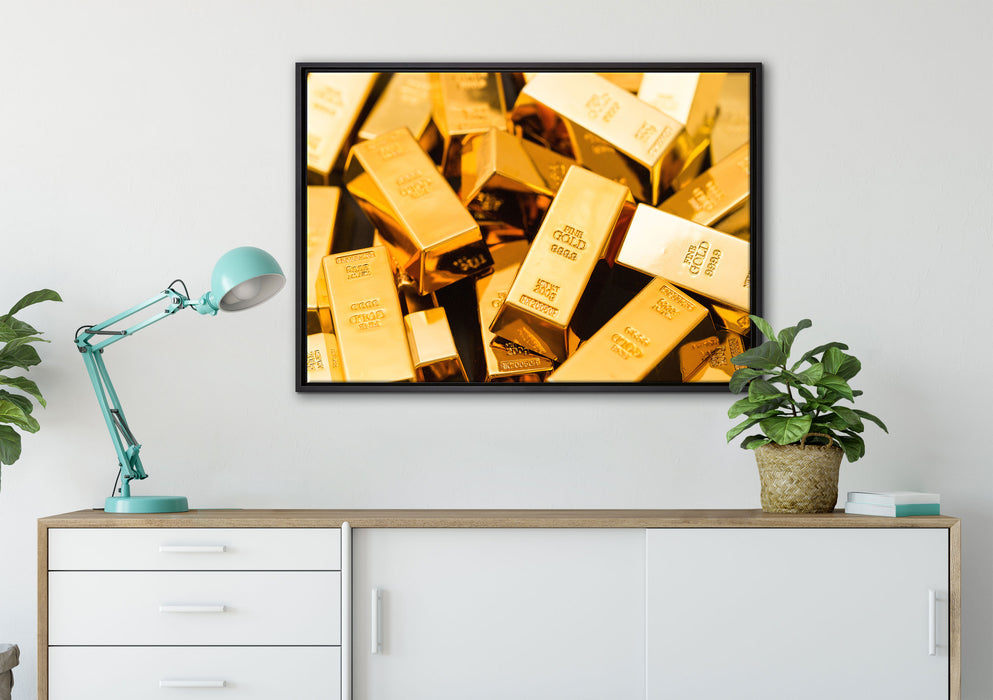 Eine Menge an Goldbarren auf Leinwandbild gerahmt verschiedene Größen im Wohnzimmer