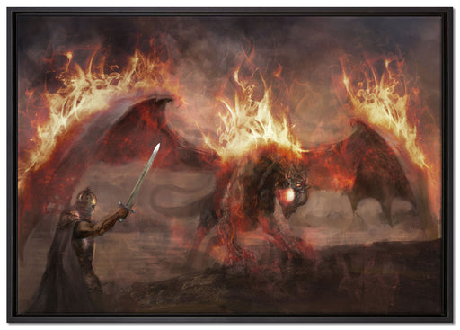Ritter Drachen Feuer auf Leinwandbild gerahmt Größe 100x70