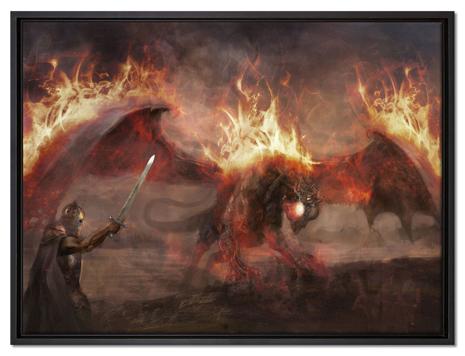 Ritter Drachen Feuer auf Leinwandbild gerahmt Größe 80x60