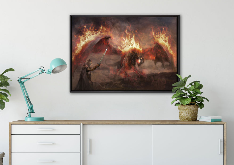 Ritter Drachen Feuer auf Leinwandbild gerahmt verschiedene Größen im Wohnzimmer