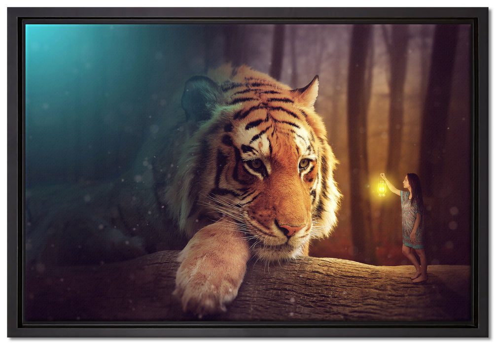 Eine Frau und ein Riesen-Tiger auf Leinwandbild gerahmt Größe 60x40