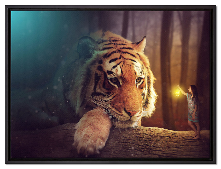 Eine Frau und ein Riesen-Tiger auf Leinwandbild gerahmt Größe 80x60