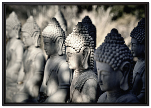 Buddha-Statuen in einer Reihe auf Leinwandbild gerahmt Größe 100x70