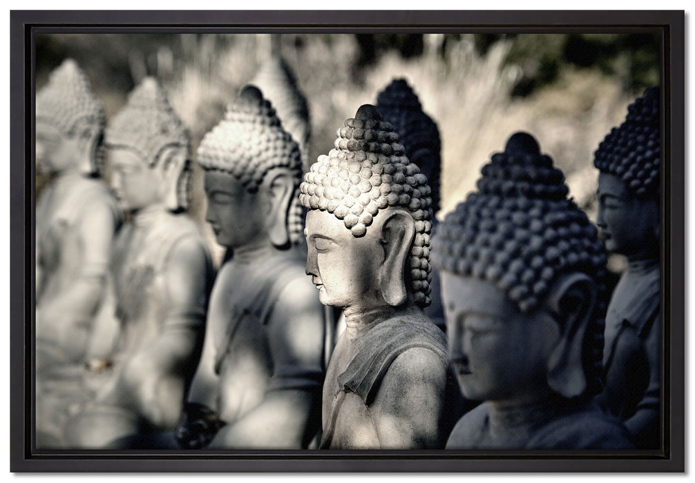 Buddha-Statuen in einer Reihe auf Leinwandbild gerahmt Größe 60x40