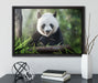Niedlicher Panda isst Bambus auf Leinwandbild gerahmt mit Kirschblüten