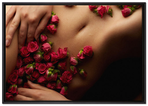 weiblicher Körper mit Rosen Blumen auf Leinwandbild gerahmt Größe 100x70