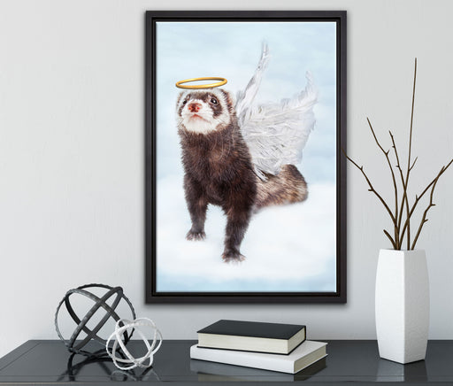 Süßes Frettchen im Engelsköstum auf Leinwandbild gerahmt mit Kirschblüten