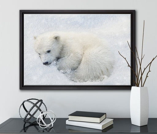 Eisbär im Schnee auf Leinwandbild gerahmt mit Kirschblüten