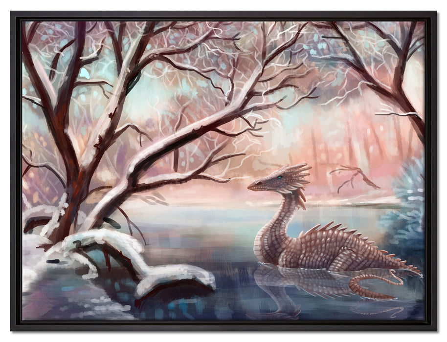 Drache im schneebedeckten Wald auf Leinwandbild gerahmt Größe 80x60