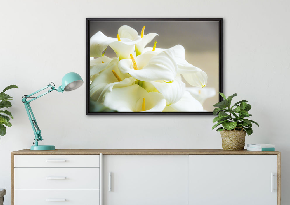 Wunderschöne weiße Calla Lilien auf Leinwandbild gerahmt verschiedene Größen im Wohnzimmer