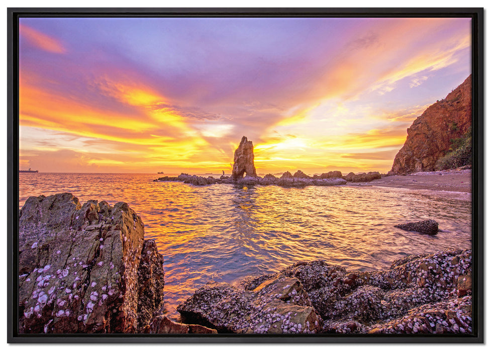 Küstenlinie mit Sonnenuntergang auf Leinwandbild gerahmt Größe 100x70