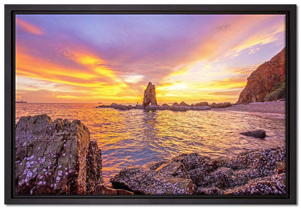 Küstenlinie mit Sonnenuntergang auf Leinwandbild gerahmt Größe 60x40