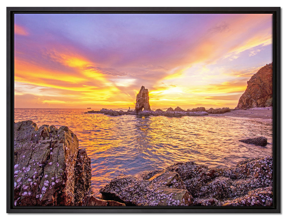 Küstenlinie mit Sonnenuntergang auf Leinwandbild gerahmt Größe 80x60