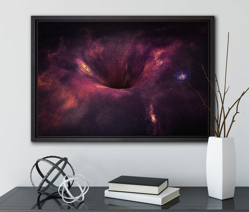 Schwarzes Loch im Weltall auf Leinwandbild gerahmt mit Kirschblüten