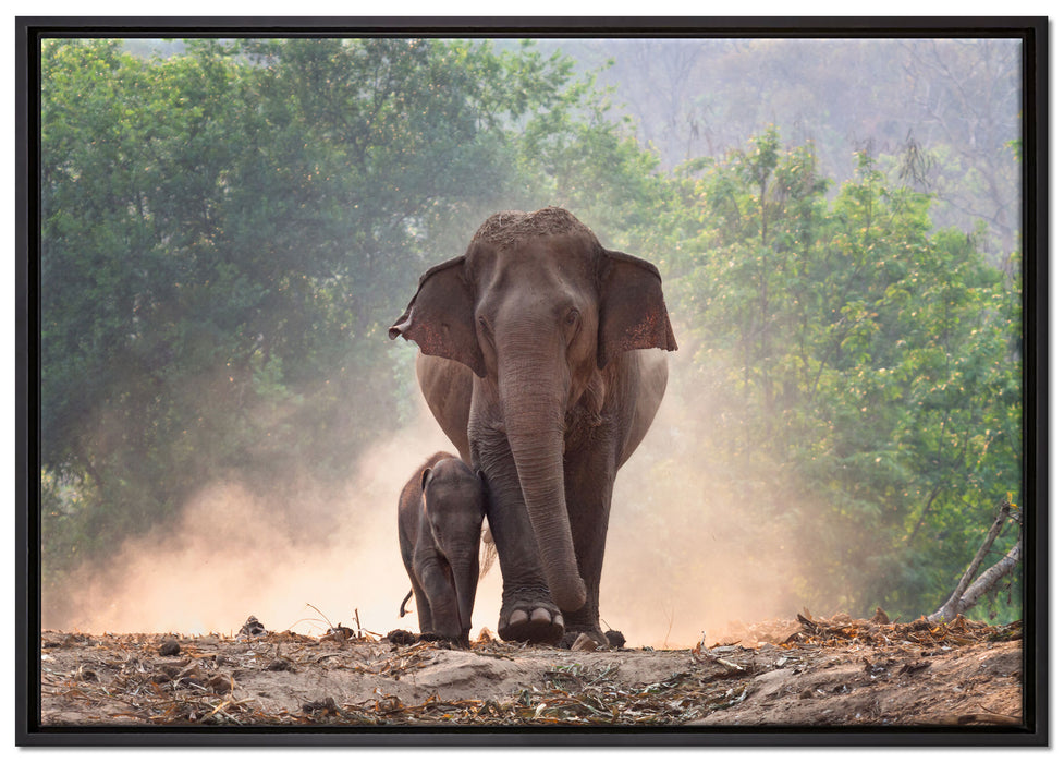 Elefantenbaby mit Mutter auf Leinwandbild gerahmt Größe 100x70