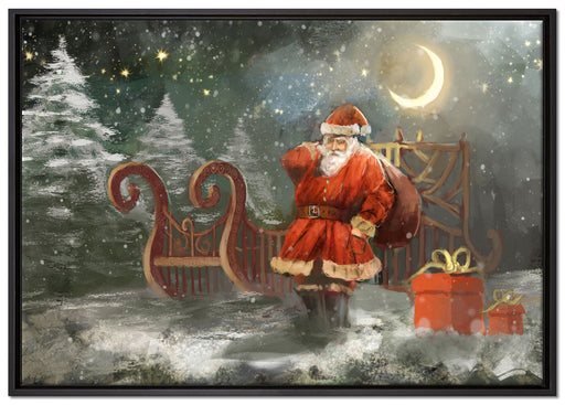 Weihnachtsmann mit Geschenken auf Leinwandbild gerahmt Größe 100x70