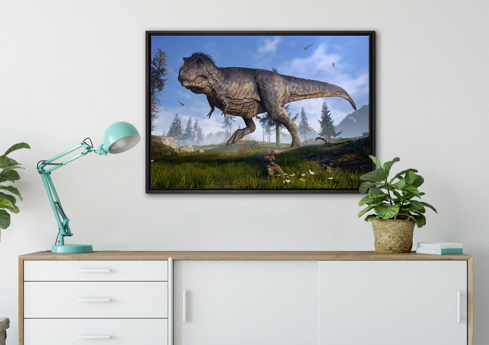 T-Rex Dinosaurier in der Natur auf Leinwandbild gerahmt verschiedene Größen im Wohnzimmer