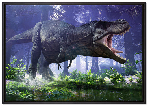 T-Rex Dinosaurier im Wald auf Leinwandbild gerahmt Größe 100x70