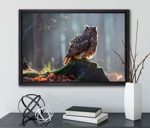 die Eule auf dem Baumstamm auf Leinwandbild gerahmt mit Kirschblüten