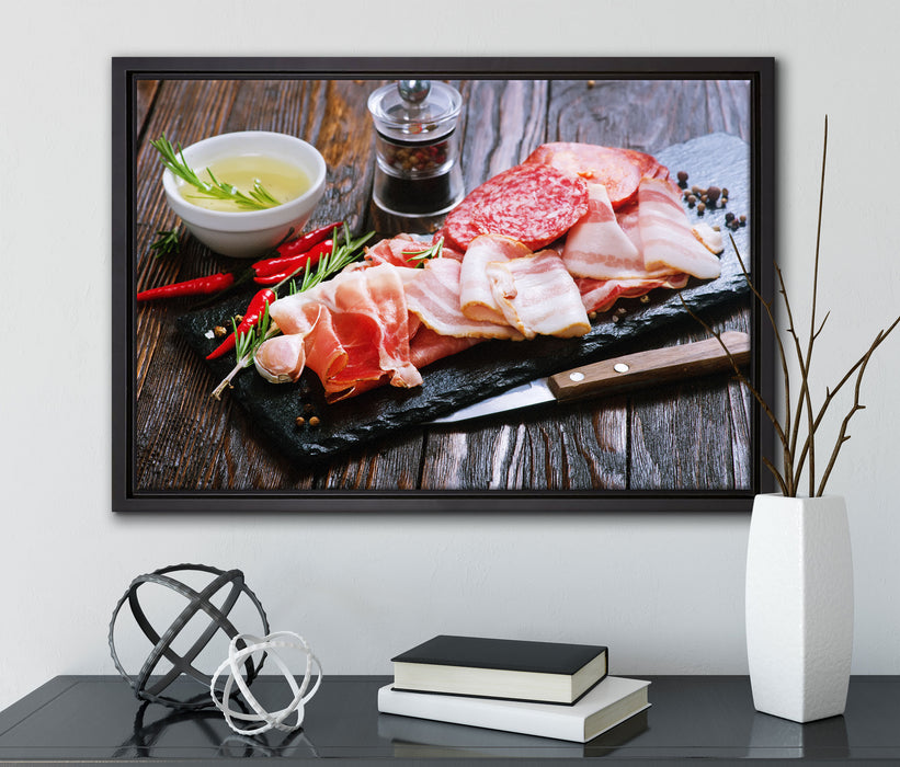 Antipasti Wurstsorten auf Leinwandbild gerahmt mit Kirschblüten