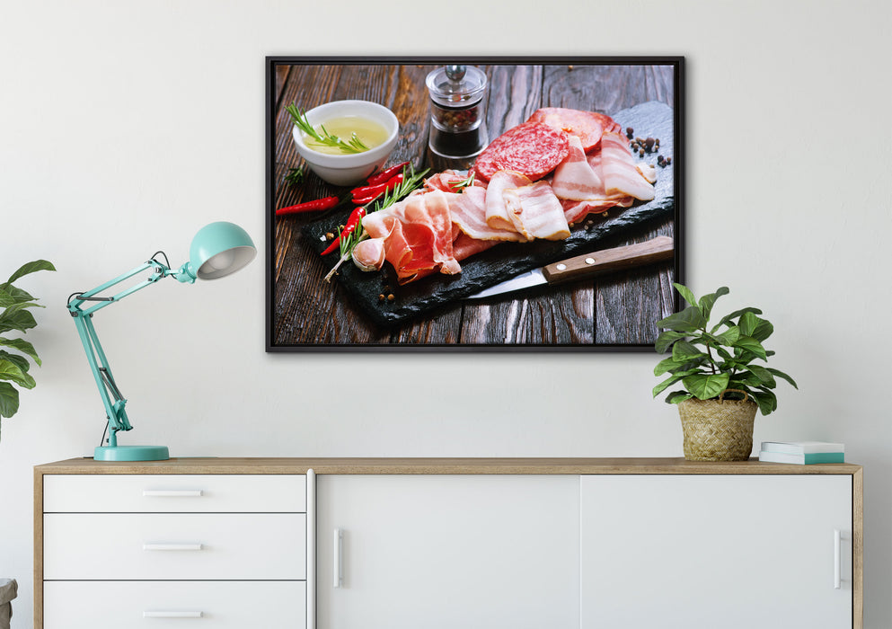 Antipasti Wurstsorten auf Leinwandbild gerahmt verschiedene Größen im Wohnzimmer