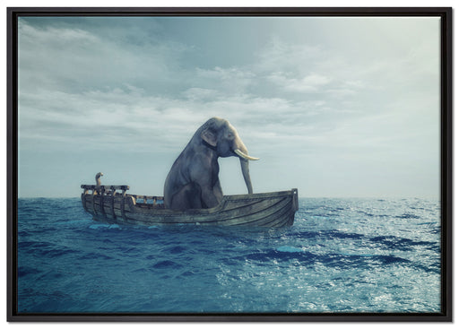 lustig sitzender Elefant im Boot auf Leinwandbild gerahmt Größe 100x70