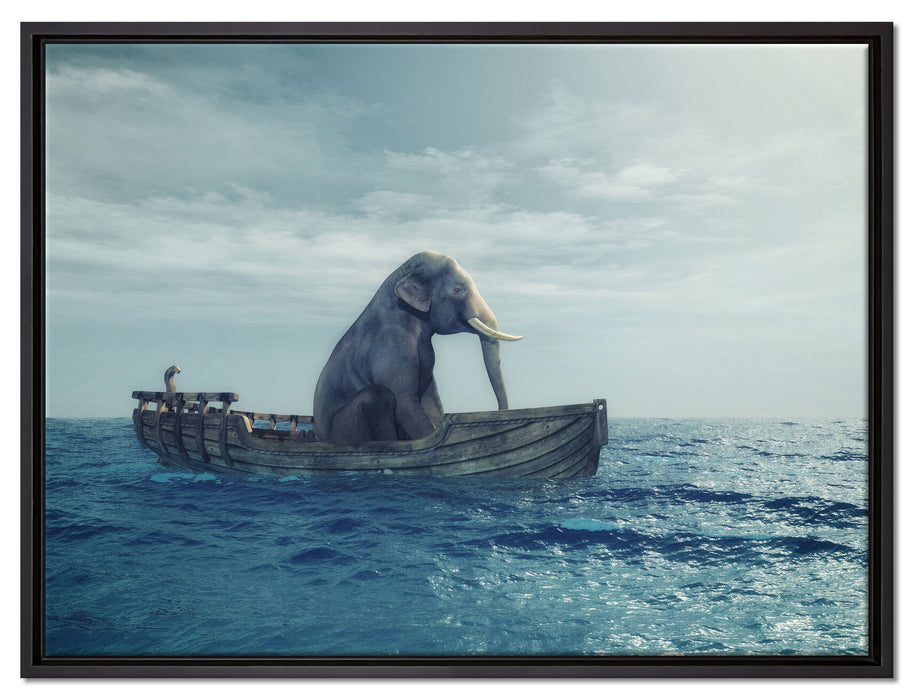 lustig sitzender Elefant im Boot auf Leinwandbild gerahmt Größe 80x60