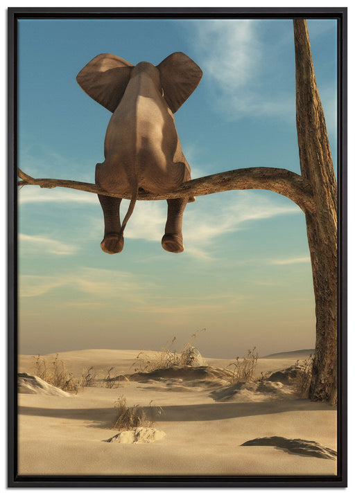 Elefant auf einem Ast in der Wüste auf Leinwandbild gerahmt Größe 100x70