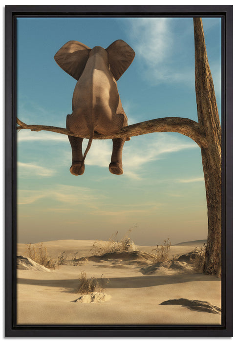 Elefant auf einem Ast in der Wüste auf Leinwandbild gerahmt Größe 60x40