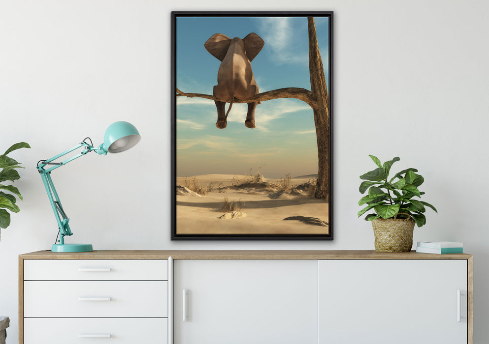 Elefant auf einem Ast in der Wüste auf Leinwandbild gerahmt verschiedene Größen im Wohnzimmer