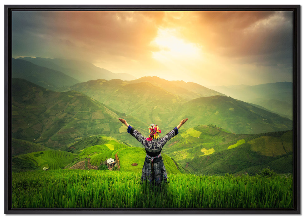 asiatische Berg Farm auf Leinwandbild gerahmt Größe 100x70