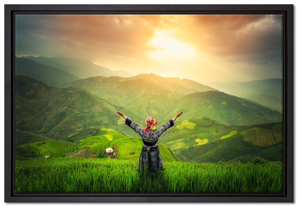 asiatische Berg Farm auf Leinwandbild gerahmt Größe 60x40