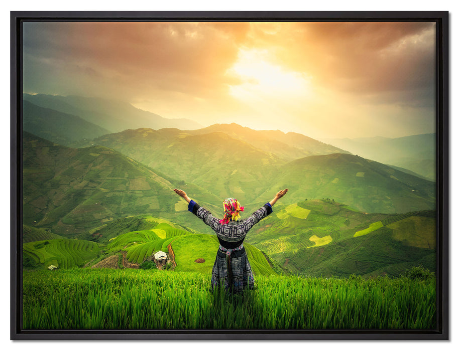asiatische Berg Farm auf Leinwandbild gerahmt Größe 80x60