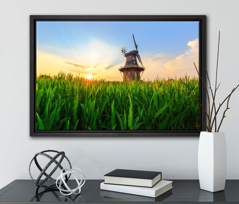 schöne Windmühle auf dem Feld auf Leinwandbild gerahmt mit Kirschblüten