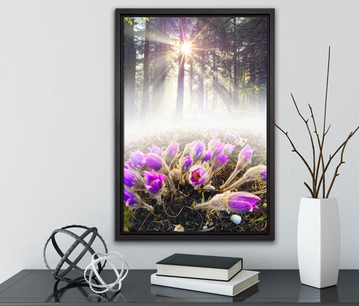 lila Blumen im Wald auf Leinwandbild gerahmt mit Kirschblüten