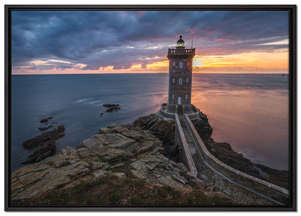Leuchtturm im Sonnenuntergang auf Leinwandbild gerahmt Größe 100x70