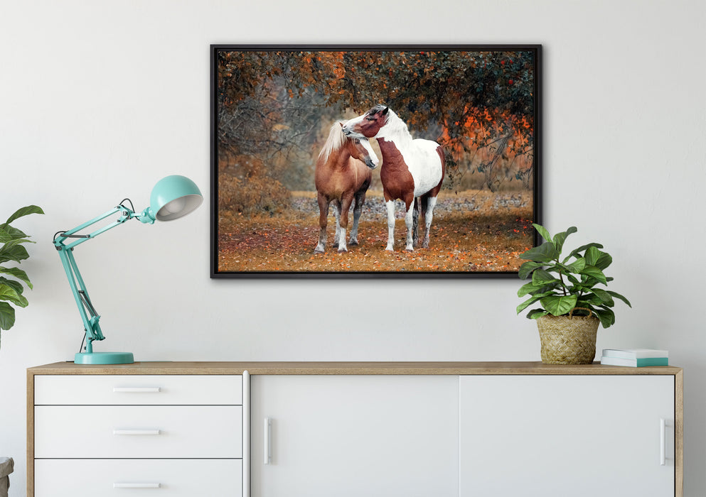 zwei schmusende Pferde auf Leinwandbild gerahmt verschiedene Größen im Wohnzimmer