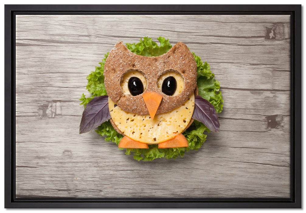 das lustige Eulen Sandwich auf Leinwandbild gerahmt Größe 60x40