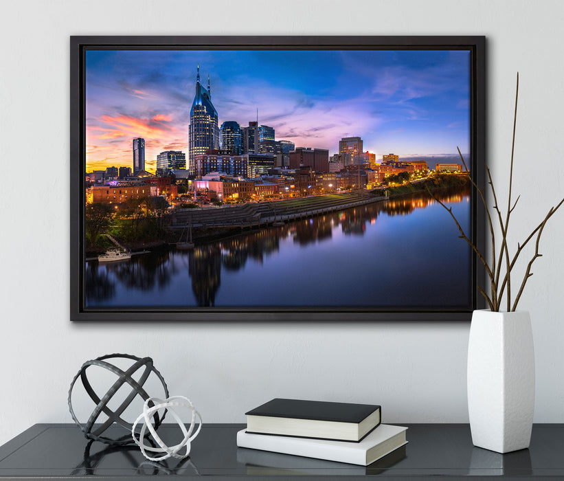 Nashville Skyline Panorama auf Leinwandbild gerahmt mit Kirschblüten