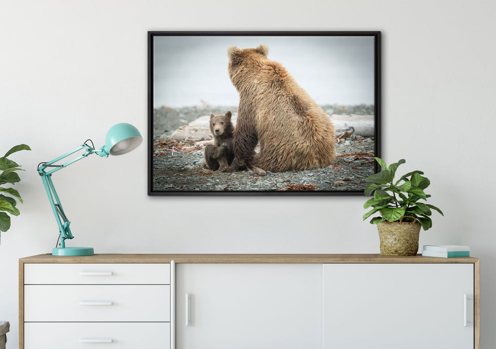 Bär mit Baby nach dem Baden auf Leinwandbild gerahmt verschiedene Größen im Wohnzimmer